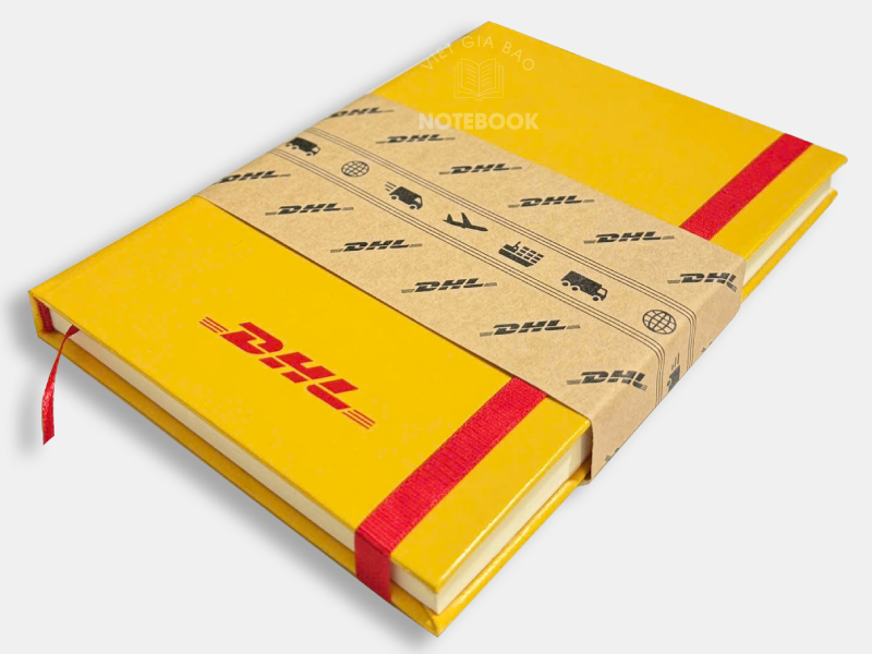 in sổ tay theo yêu cầu loại sổ dán gáy bìa da simili in lụa logo DHL